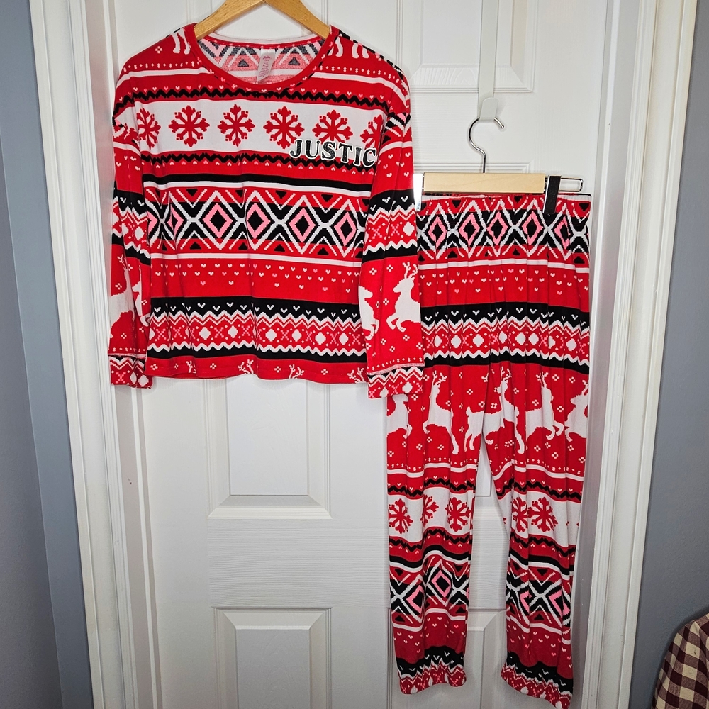 Justice Girls Fleece Christmas Pajamas Set Red Fair Isle Reindeer PJs Size L